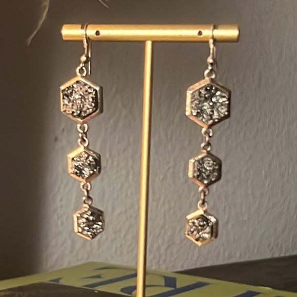 3 tier dangle earrings gold and black sparkle quartz rock octagon shaped 3” long - Picture 11 of 14